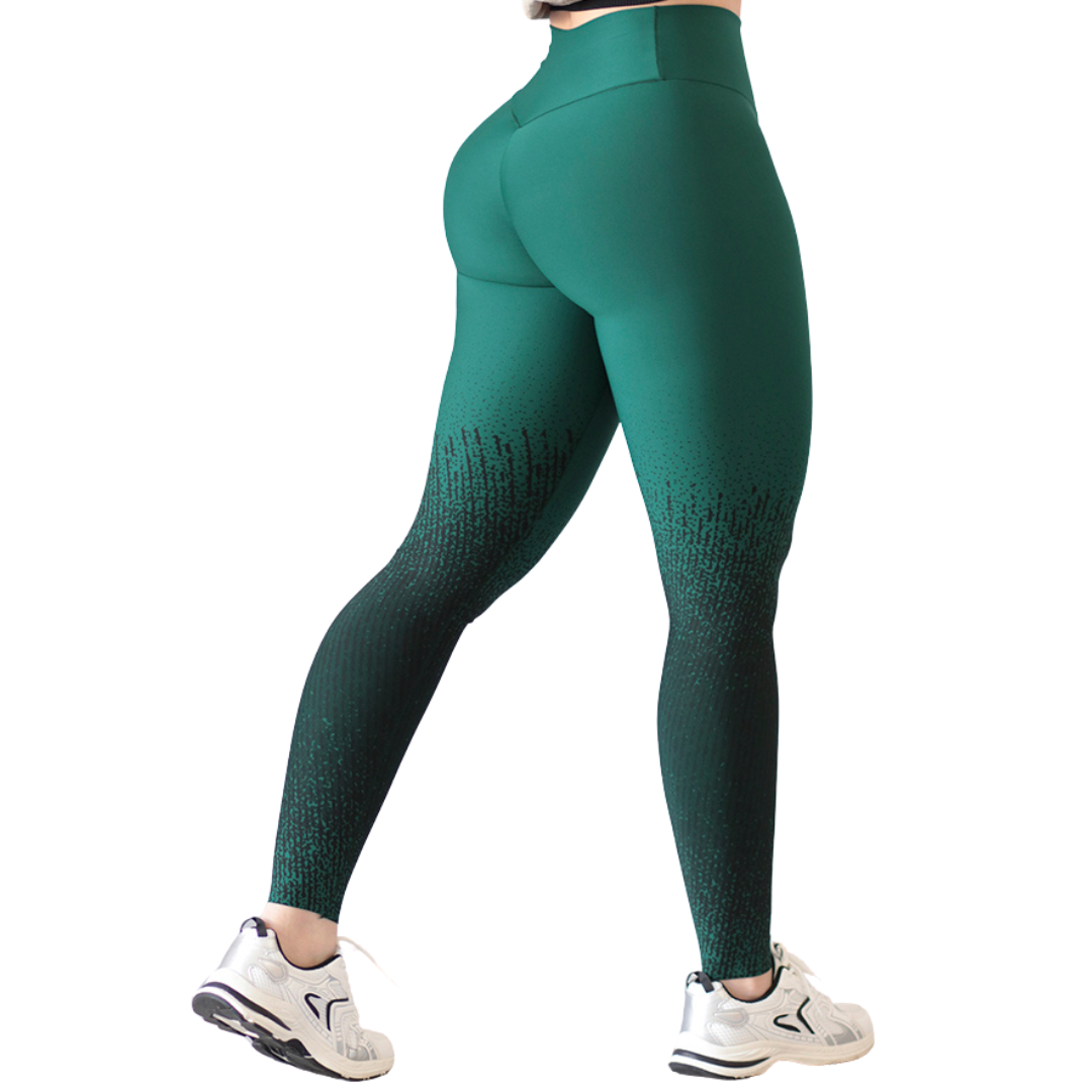 Leggings Deportivos para Mujer Fitness: Efecto Push Up, Cintura Alta, Textil Lycra Transpirable con Acabado Liso Degradado Puntitos, Color Verde-Negro | Adriana Olimpo