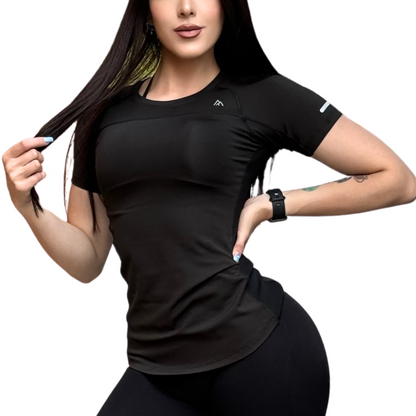 Blusa de Compresión para Mujer Fitness: Manga Corta, Corte Ceñido, Cuello Redondo, Textil Llycra Suave Acabado Liso, Color Negro| Adriana Olimpo