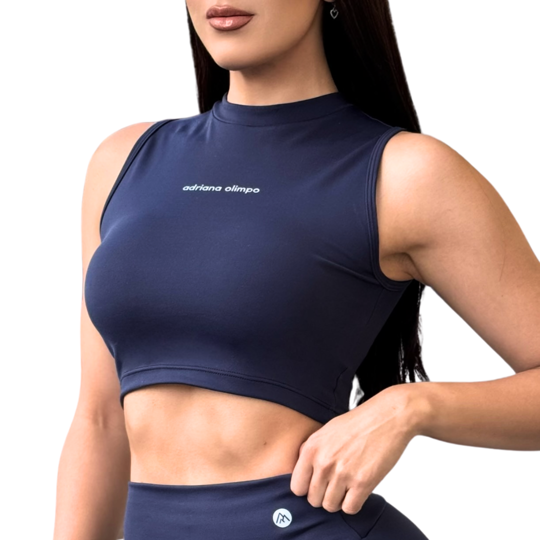 Blusa para Mujer Fitness: Sin Manga, Cuello Redondo, Textil Lycra Transpirable Acabado Liso, Color Azul Marino | Adriana Olimpo