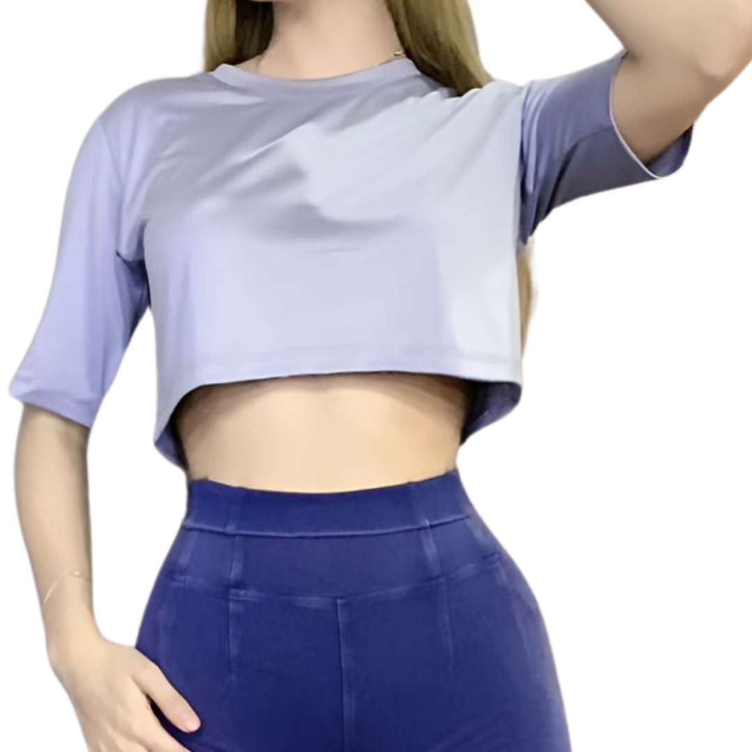 Blusa para Mujer Fitness: Manga Corta, Cuello Redondo, Textil Lycra Transpirable Acabado Liso, Color Grey | Adriana Olimpo