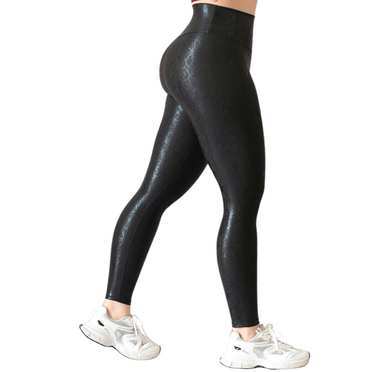 Leggings Deportivos para Mujer Fitness: Efecto Básico, Cintura Alta, Textil Lycra Transpirable con Destellos Reflectantes✨ y Relieves Flores, Color Negro | Adriana Olimpo