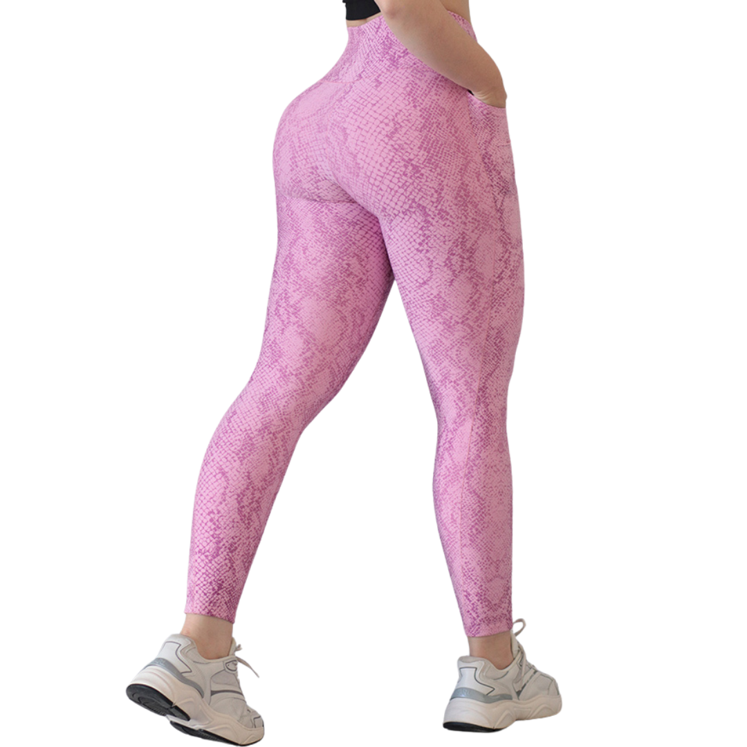 Leggings Deportivos para Mujer Fitness: Efecto Básico, Cintura Alta, Con Bolsillos Laterales, Textil Lycra Transpirable con Acabado Liso Snake, Color Rosa | Adriana Olimpo