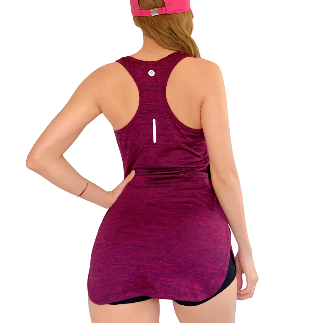 Tank Top para Mujer Fitness: Corte Suelto, Sin Mangas, Cuello Redondo, Textil Llycra Suave Acabado Liso, Color Tinto Jaspe | Adriana Olimpo