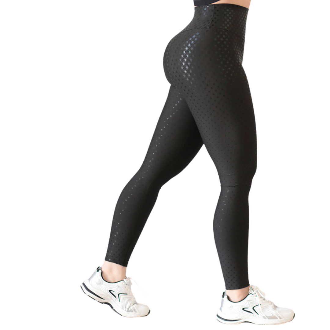 Leggings Deportivos para Mujer Fitness:  Efecto Push Up, Cintura Alta, Textil Lycra Transpirable con Destellos Reflectantes✨ y Relieves Asteria, Color Negro | Adriana Olimpo