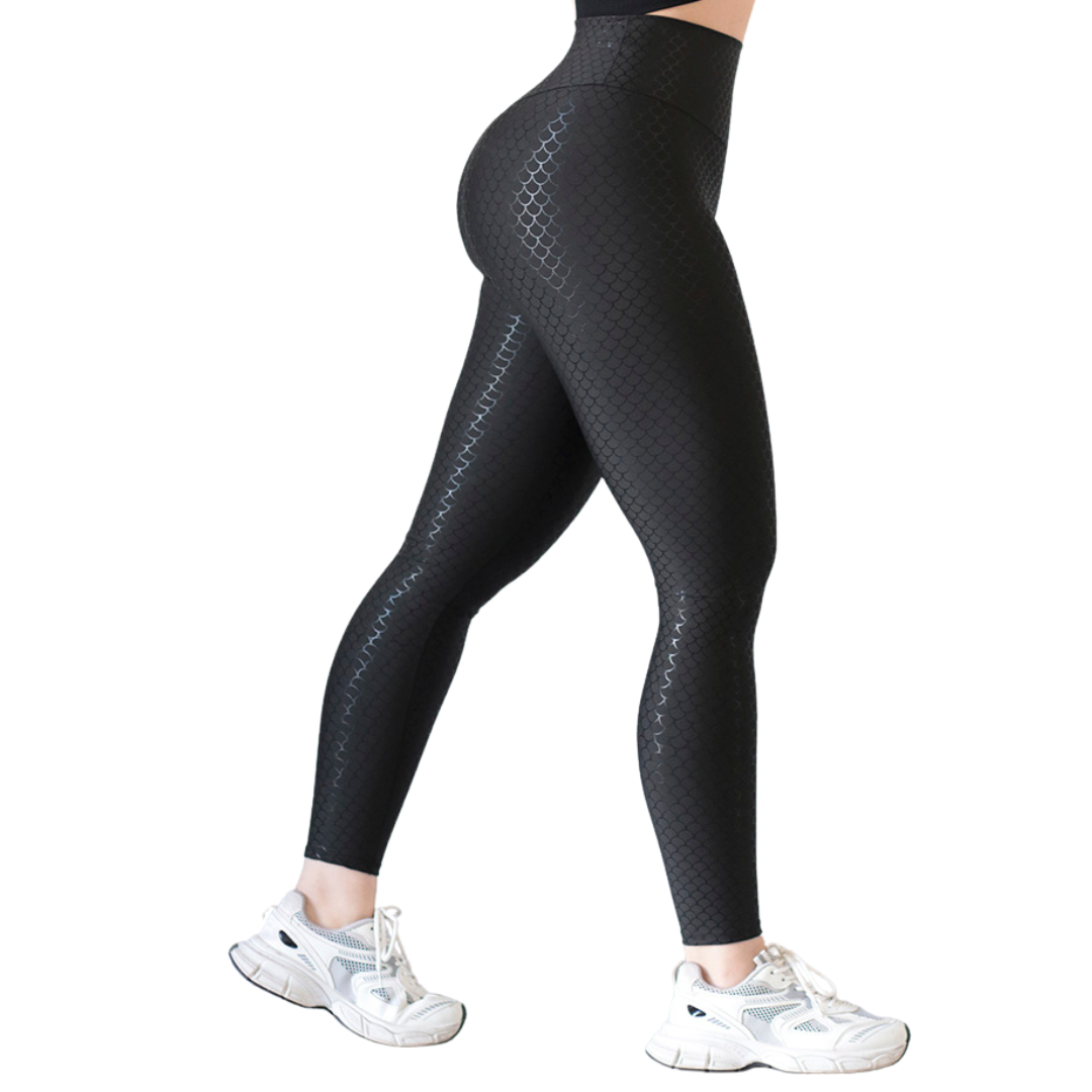 Leggings Deportivos para Mujer Fitness:  Efecto Básico, Cintura Alta, Textil Lycra Transpirable con Destellos Reflectantes✨ y Relieves Sirena, Color Negro | Adriana Olimpo