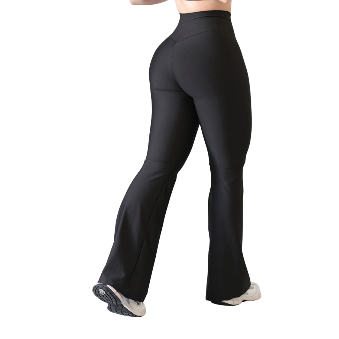 Leggings Deportivos para Mujer Fitness:  Campana, Efecto Push Up, Cintura Alta, Textil Lycra Transpirable con Relieves de Líneas, Color Negro | Adriana Olimpo