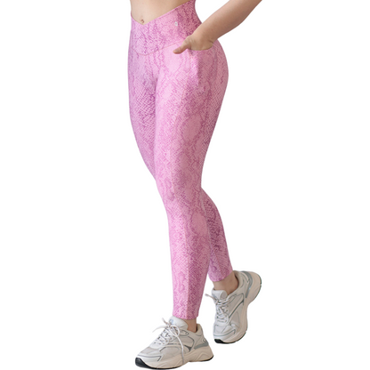 Leggings Deportivos para Mujer Fitness: Efecto Básico, Cintura Alta, Con Bolsillos Laterales, Textil Lycra Transpirable con Acabado Liso Snake, Color Rosa | Adriana Olimpo