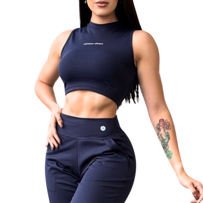 Blusa para Mujer Fitness: Sin Manga, Cuello Redondo, Textil Lycra Transpirable Acabado Liso, Color Azul Marino | Adriana Olimpo