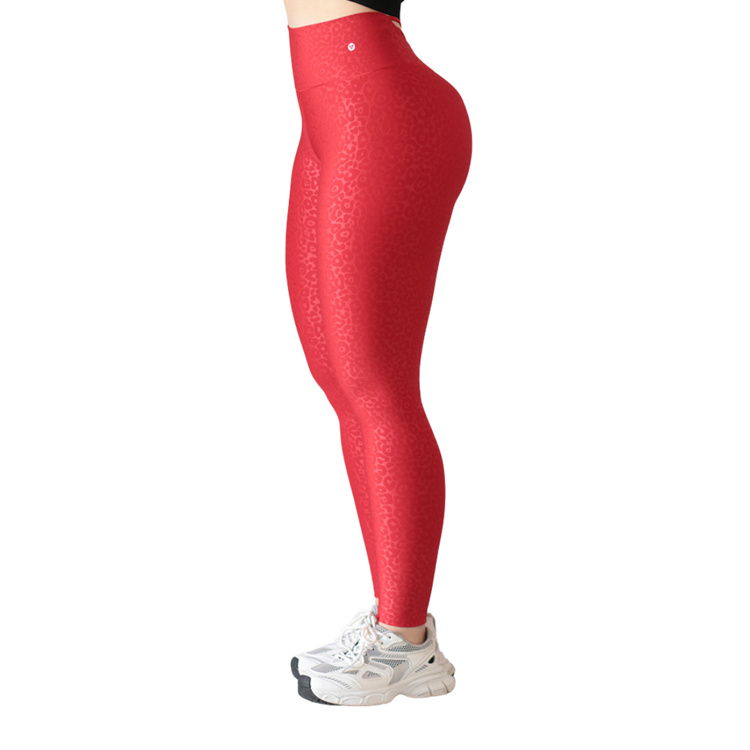 Leggings Deportivos para Mujer Fitness:  Efecto Push Up, Cintura Alta, Textil Lycra Transpirable con Relieves de Leopardo, Color Rojo | Adriana Olimpo