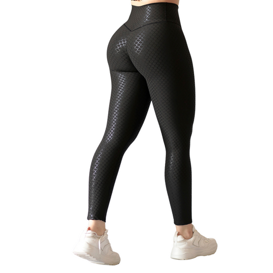 Leggings Deportivos para Mujer Fitness:  Efecto Push Up, Cintura Alta, Textil Lycra Transpirable con Destellos Reflectantes✨ y Relieves Sirena, Color Negro | Adriana Olimpo