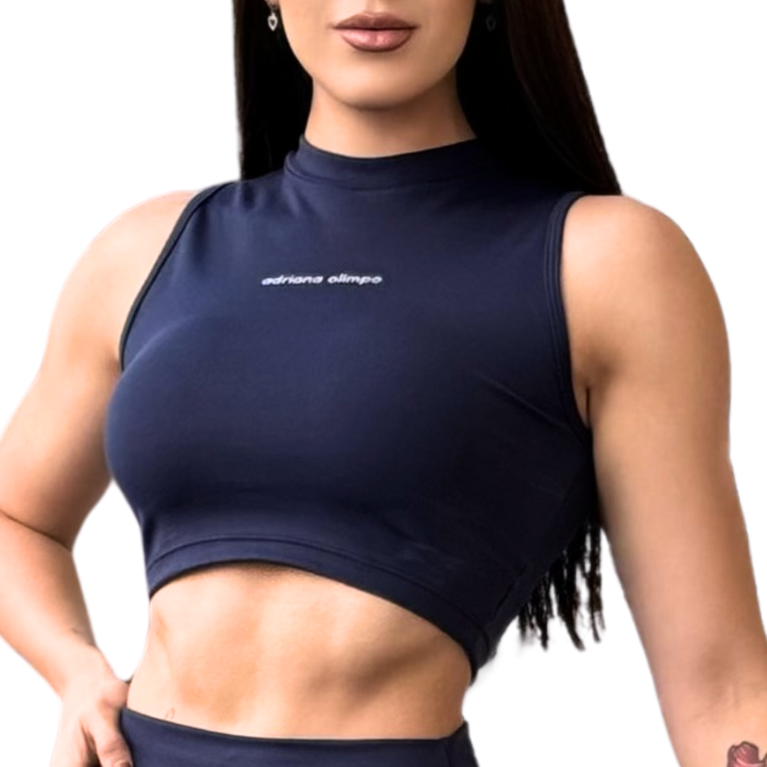 Blusa para Mujer Fitness: Sin Manga, Cuello Redondo, Textil Lycra Transpirable Acabado Liso, Color Azul Marino | Adriana Olimpo