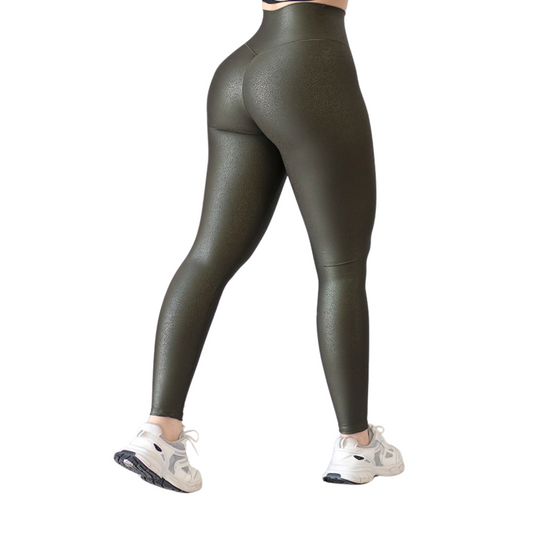 Leggings Deportivos para Mujer Fitness:  Efecto Push Up, Cintura Alta, Textil Lycra Transpirable con Destellos Reflectantes✨ y Relieves Mini Ball, Color Verde Army | Adriana Olimpo