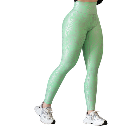 Leggings Deportivos para Mujer Fitness:  Efecto Básico, Cintura Alta, Textil Lycra Transpirable con Destellos Reflectantes✨ y Relieves, Color Verde Neón | Adriana Olimpo