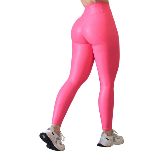 Leggings Deportivos para Mujer Fitness:  Efecto Push Up, Cintura Alta, Textil Lycra Transpirable con Destellos Reflectantes✨ y Relieves de Mini Print, Color Rosa Neon | Adriana Olimpo