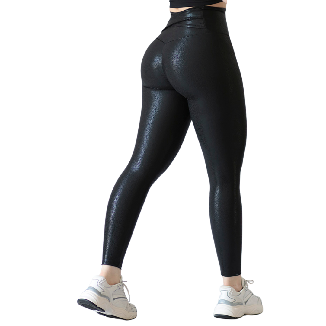 Leggings Deportivos para Mujer Fitness: Efecto Push Up, Cintura Alta, Textil Lycra Transpirable con Destellos ✨ y Relieves Estatica, Negro Flow | Adriana Olimpo