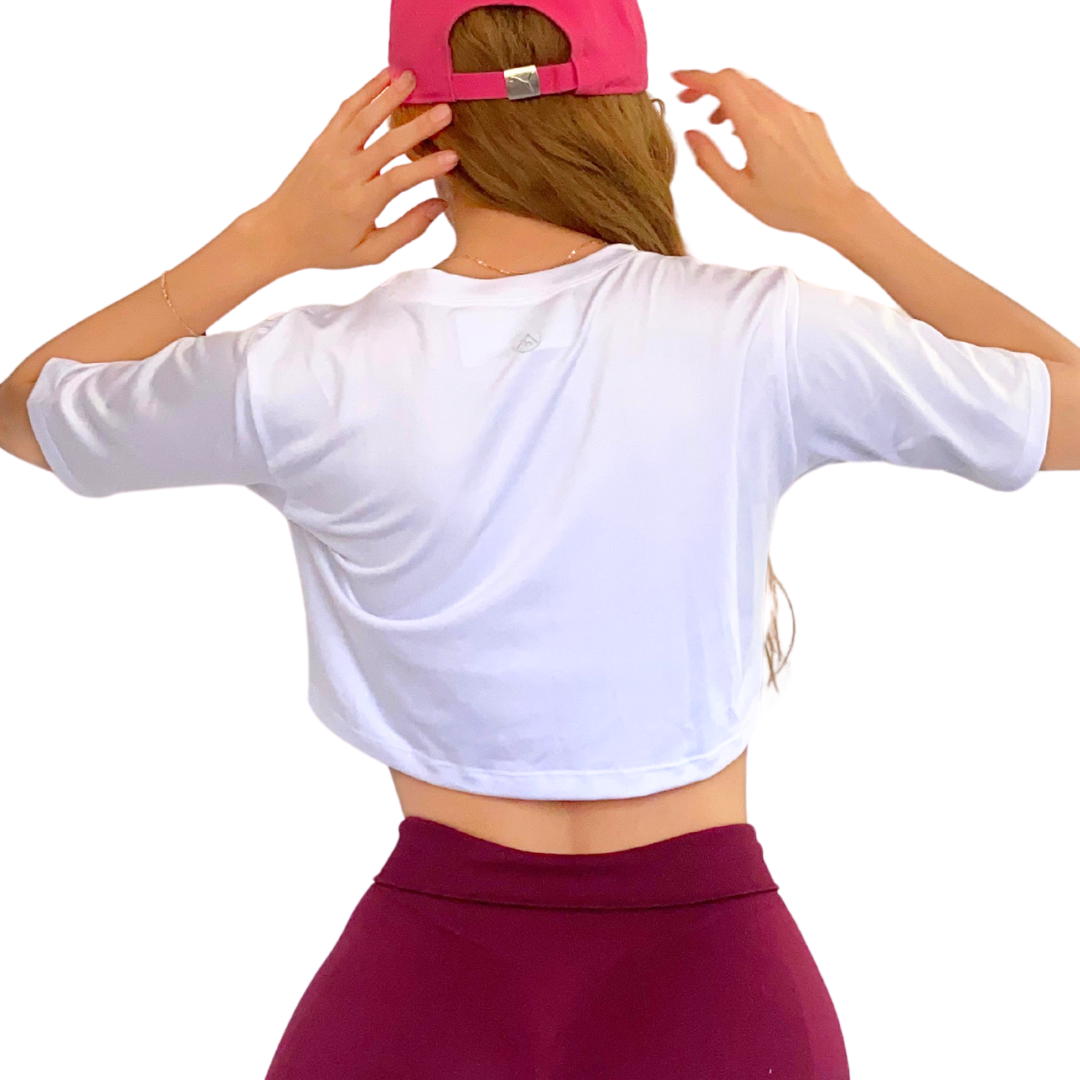 Blusa para Mujer Fitness: Manga Corta, Cuello Redondo, Textil Lycra Transpirable Acabado Liso, Color Blanca | Adriana Olimpo