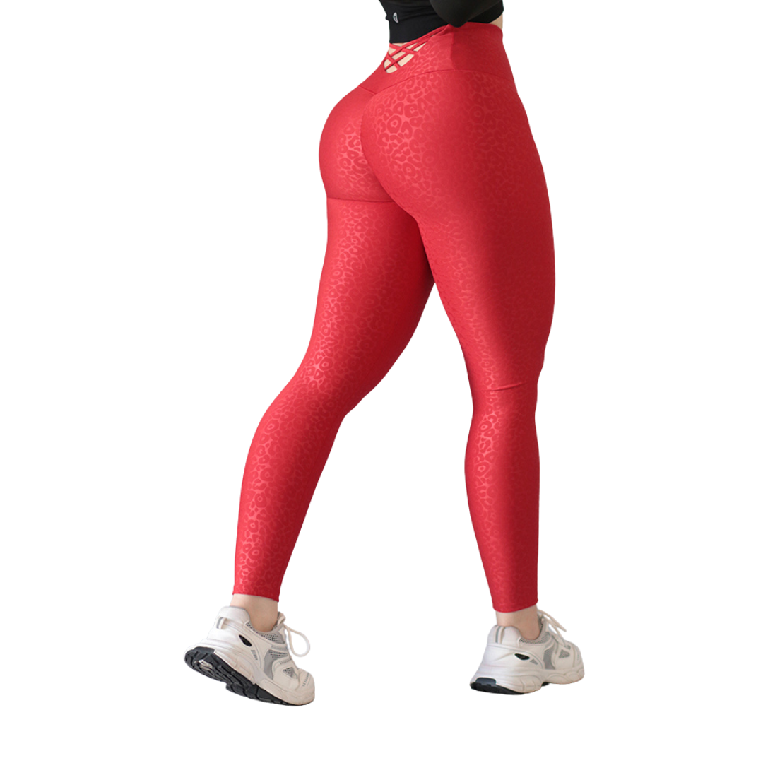 Leggings Deportivos para Mujer Fitness:  Efecto Push Up, Cintura Alta, Textil Lycra Transpirable con Relieves de Leopardo, Color Rojo | Adriana Olimpo