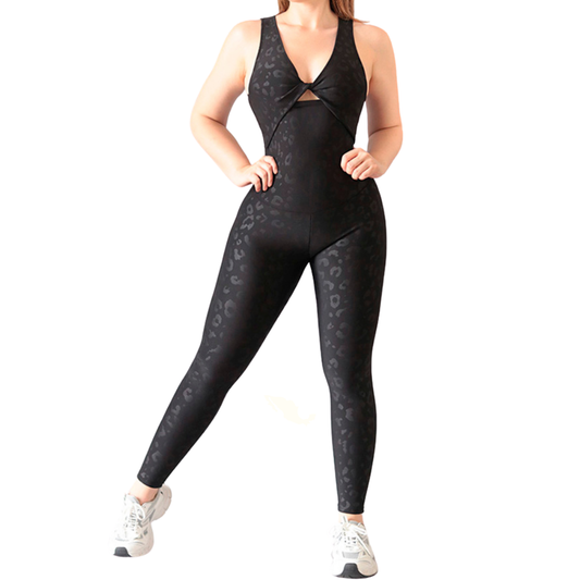 Enterizo Deportivos para Mujer Fitness: Efecto Básico, Cintura Alta, Textil Lycra Transpirable Texturizado con Relieves Leopardo, Color Negro | Adriana Olimpo