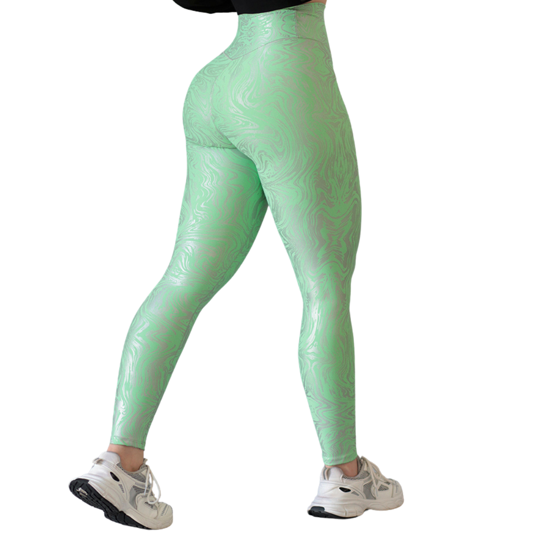 Leggings Deportivos para Mujer Fitness:  Efecto Básico, Cintura Alta, Textil Lycra Transpirable con Destellos Reflectantes✨ y Relieves, Color Verde Neón | Adriana Olimpo