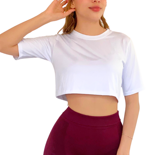 Blusa para Mujer Fitness: Manga Corta, Cuello Redondo, Textil Lycra Transpirable Acabado Liso, Color Blanca | Adriana Olimpo