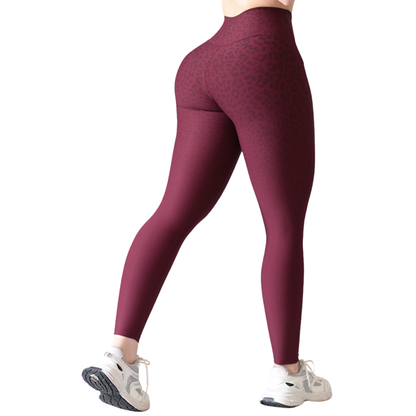 Leggings Deportivos para Mujer Fitness:  Efecto Básico, Cintura Alta, Textil Lycra Transpirable con Relieves Lineas, Color Tinto Leopardo | Adriana Olimpo