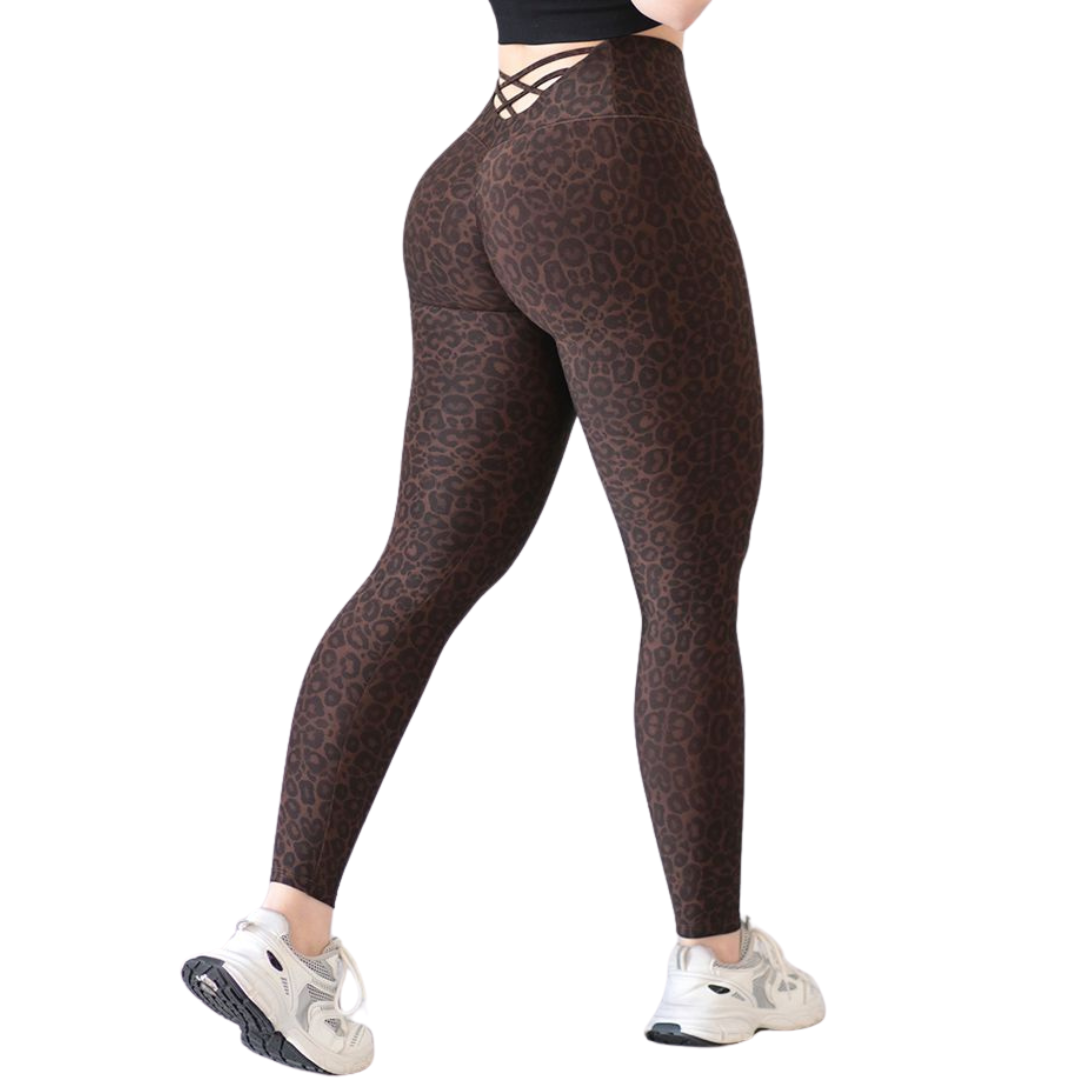 Leggings Deportivos para Mujer Fitness: Efecto Push Up, Cintura Alta, Textil Lycra Transpirable con Acabado Liso Print, Color Cafe | Adriana Olimpo