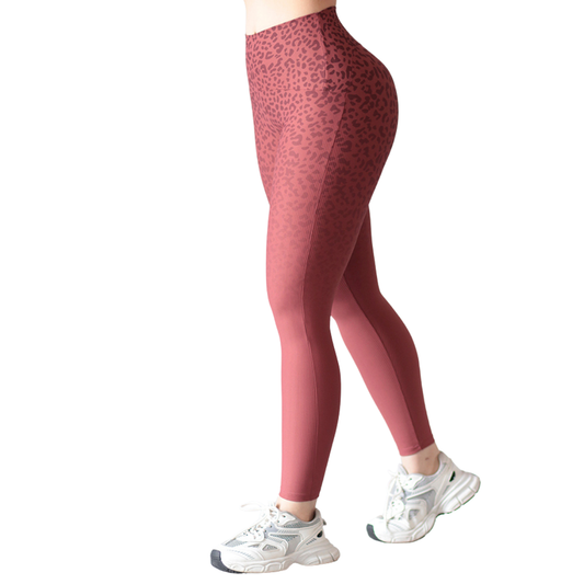 Leggings Deportivos para Mujer Fitness:  Efecto Básico, Cintura Alta, Textil Lycra Transpirable con Relieves Lineas, Color Rubor Leopardo | Adriana Olimpo