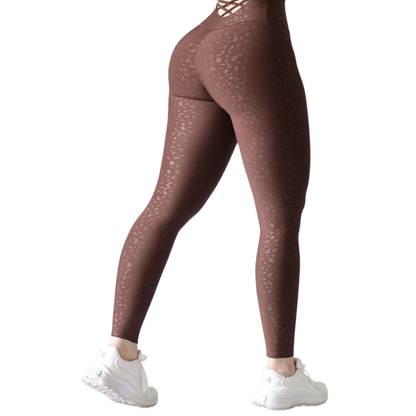 Leggings Deportivos para Mujer Fitness: Efecto Push Up, Cintura Alta, Textil Lycra Transpirable con Relieve Felino, Caoba | Adriana Olimpo