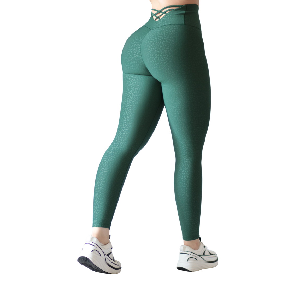 Leggings Deportivos para Mujer Fitness: Efecto Push Up, Cintura Alta, Textil Lycra Transpirable con Relieve Mini Print, Verde Pino | Adriana Olimpo