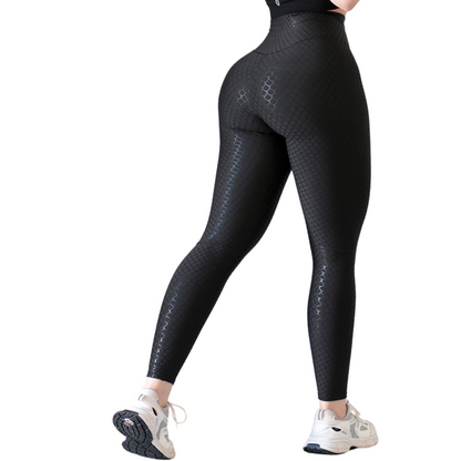 Leggings Deportivos para Mujer Fitness:  Efecto Básico, Cintura Alta, Textil Lycra Transpirable con Destellos Reflectantes✨ y Relieves Sirena, Color Negro | Adriana Olimpo