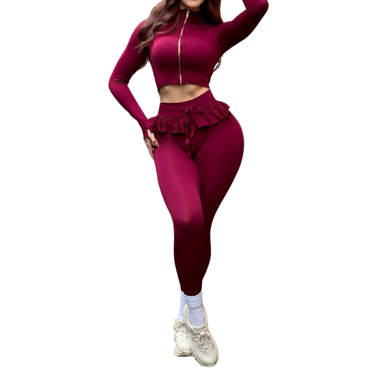 Conjunto Deportivo para Mujer Fitness: Efecto Push Up, Blusa Manga Larga y Cremallera, Textil Tejido Transpirable en acabado Liso, Color Tinto | Adriana Olimpo