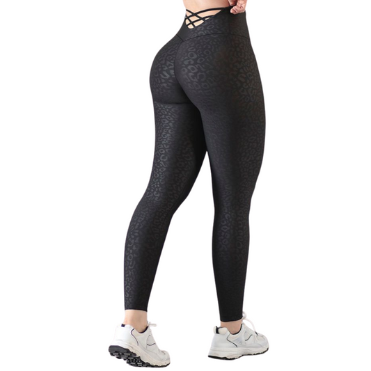 Leggings Deportivos para Mujer Fitness: Efecto Push Up, Cintura Alta, Textil Lycra Transpirable Texturizado con Relieves Felina, Color Negra | Adriana Olimpo