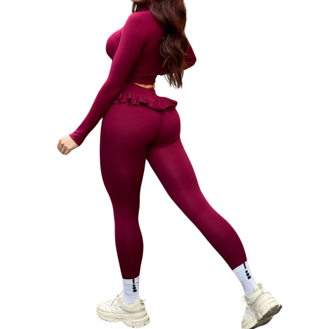 Conjunto Deportivo para Mujer Fitness: Efecto Push Up, Blusa Manga Larga y Cremallera, Textil Tejido Transpirable en acabado Liso, Color Tinto | Adriana Olimpo