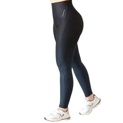 Leggings Deportivos para Mujer Fitness:  Efecto Básico, Cintura Alta, Textil Lycra Transpirable con Relieves Craquel, Color Negro-Azul Degradado | Adriana Olimpo