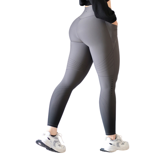 Leggings Deportivos para Mujer Fitness: Efecto Básico, Cintura Alta, Con Bolsillos Laterales, Textil Lycra Transpirable con Acabado Liso, Color Gris Degradado | Adriana Olimpo