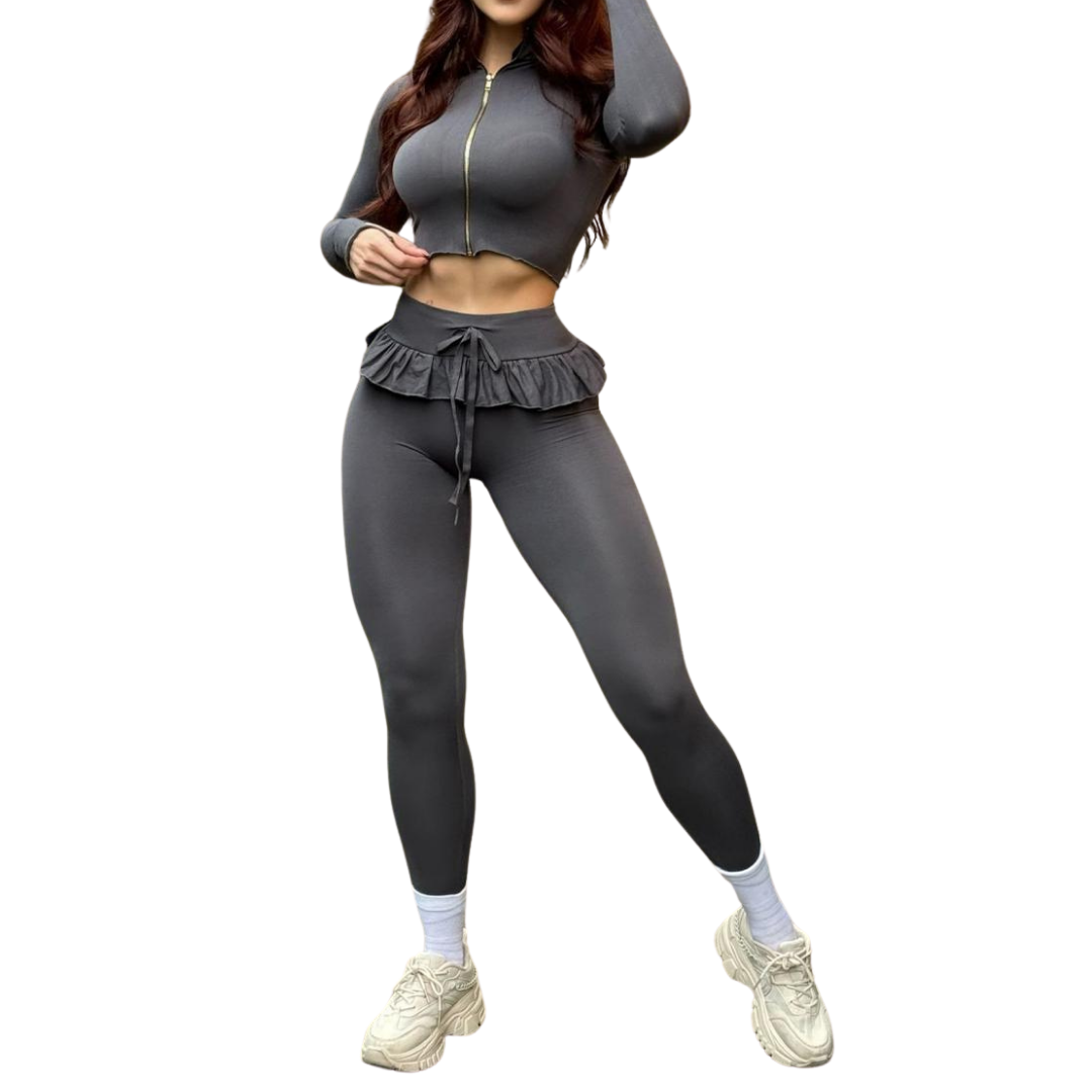 Conjunto Deportivo para Mujer Fitness: Efecto Push Up, Blusa Manga Larga y Cremallera, Textil Tejido Transpirable en acabado Liso, Color Gris | Adriana Olimpo