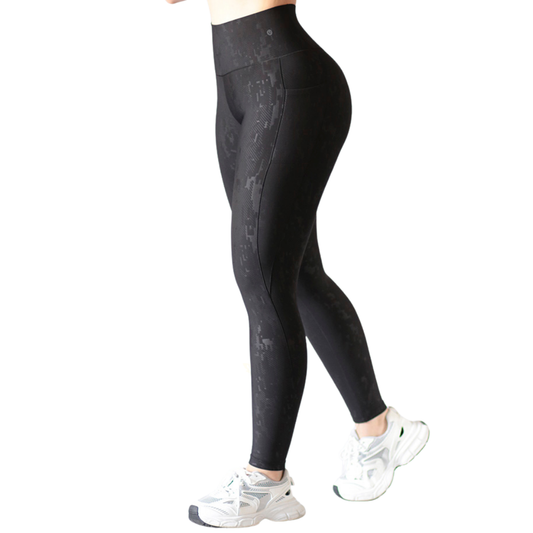 Leggings Deportivos para Mujer Fitness: Efecto Básico, Cintura Alta, Con Bolsillos Laterales, Textil Lycra Transpirable con Relieve de Pixel, Color Negro | Adriana Olimpo