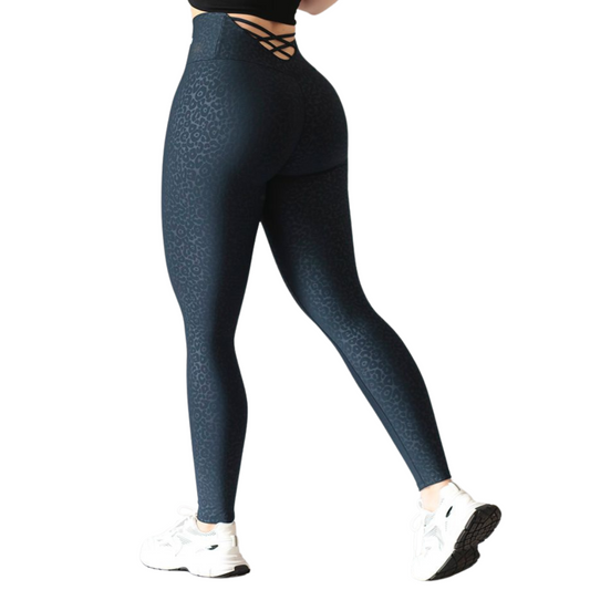 Leggings Deportivos para Mujer Fitness: Efecto Push Up, Cintura Alta, Textil Lycra Transpirable Texturizado con Relieves Print, Color Azul Cale | Adriana Olimpo