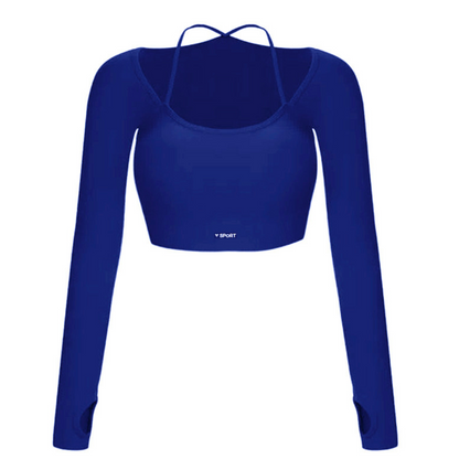 Blusa Deportiva para Mujer Fitness: Manga Larga, Textil Lycra Transpirable con Acabado Liso, Color Azul Rey | Adriana Olimpo.