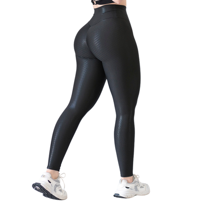 Leggings Deportivos para Mujer Fitness:  Efecto Push Up, Cintura Alta, Textil Lycra Transpirable con Destellos Reflectantes✨ y Relieves Y, Color Negro | Adriana Olimpo