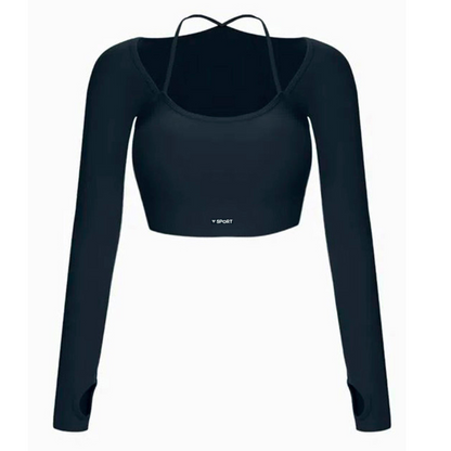 Blusa Deportiva para Mujer Fitness: Manga Larga, Textil Lycra Transpirable con Acabado Liso, Color Azul Profundo | Adriana Olimpo.