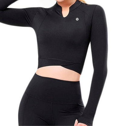 Blusa Deportiva para Mujer Fitness: Manga Corta, Textil Lycra Transpirable con Acabado Liso, Color Negro | Adriana Olimpo.