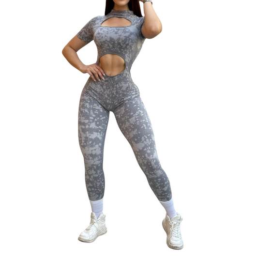 Enterizo Deportivos para Mujer Fitness: Efecto Push Up, Scrunch Textil Tejido, Transpirable con Relieve de Lineas Splash, Gris | Adriana Olimpo