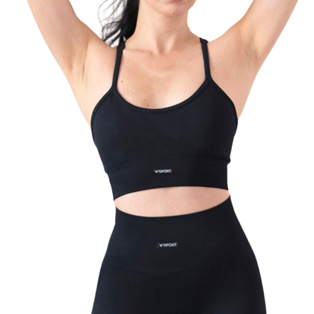 Top para Mujer Fitness: Efecto Alto Impacto, Ajuste Perfecto, Apertura para copas Textil Texturizado, Con Relieve de Lineas, Transpirable, Color Negro | Adriana Olimpo