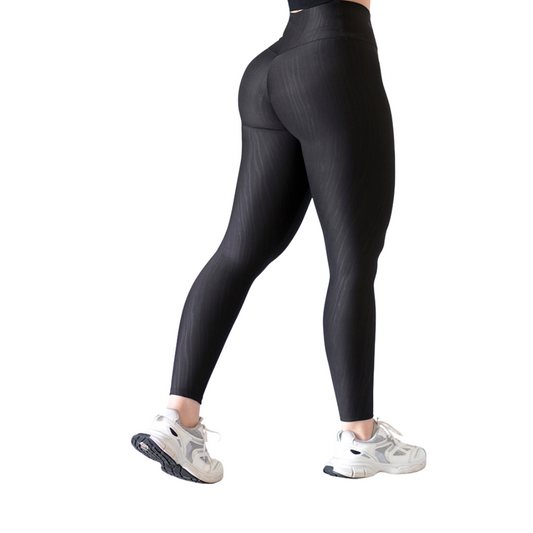 Leggings Deportivos para Mujer Fitness:  Efecto Push Up, Cintura Alta, Textil Lycra Transpirable con Relieves de Parota, Color Negro | Adriana Olimpo