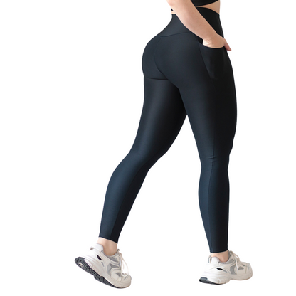 Leggings Deportivos para Mujer Fitness: Efecto Básico, Cintura Alta, Con Bolsillos Laterales, Textil Lycra Transpirable con Acabado Liso Degradado, Color Azul Profundo| Adriana Olimpo