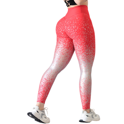 Leggings Deportivos para Mujer Fitness:  Efecto Push Up, Cintura Alta, Textil Lycra Transpirable con Destellos Reflectantes✨ y Relieves, Color Rojo/Plata | Adriana Olimpo