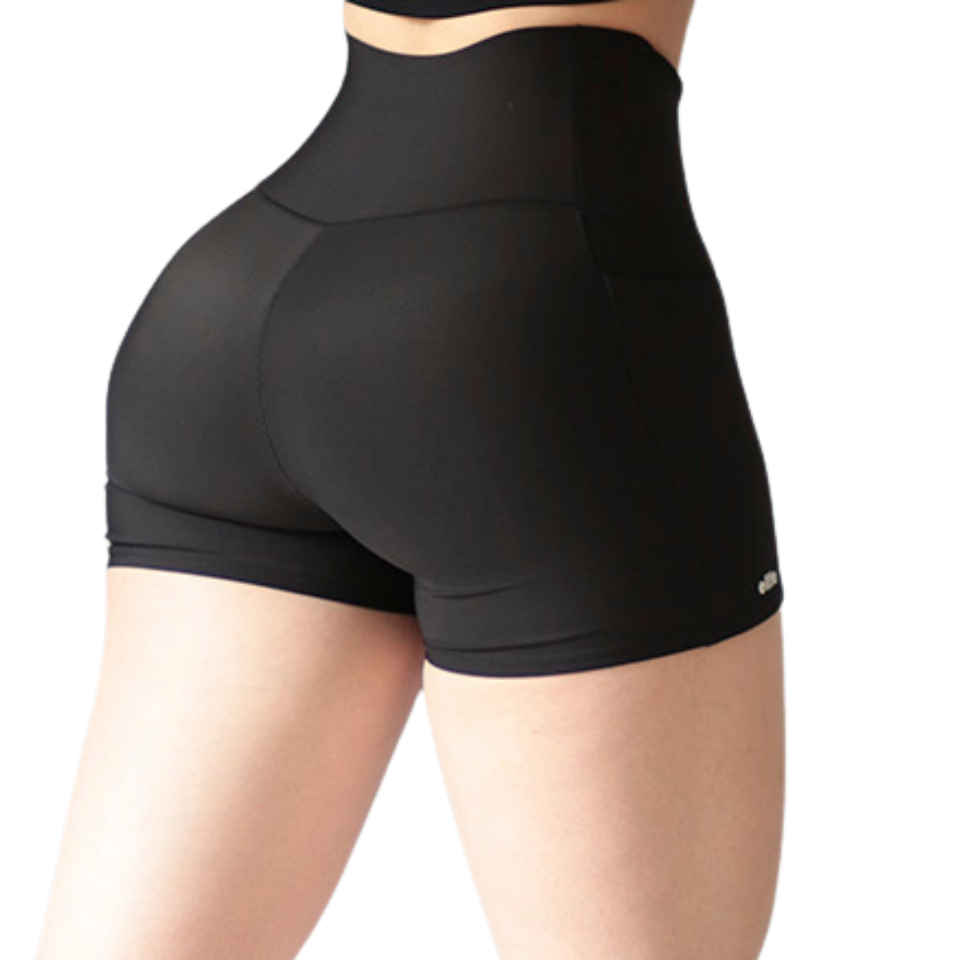 Short Mini Deportivos para Mujer Fitness: Efecto Básico, Cintura Alta, Con Bolsillos Laterales, Textil Lycra Transpirable con Acabado Liso, Color Negro | Adriana Olimpo