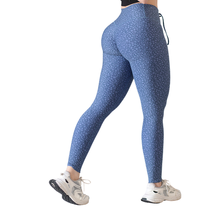 Leggings Deportivos para Mujer Fitness: Efecto Push Up, Cintura Alta, Textil Lycra Transpirable con Acabado Liso Manchitas, Color Azul| Adriana Olimpo