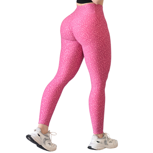 Leggings Deportivos para Mujer Fitness: Efecto Push Up, Cintura Alta, Textil Lycra Transpirable con Acabado Liso Manchitas, Color Rosa| Adriana Olimpo